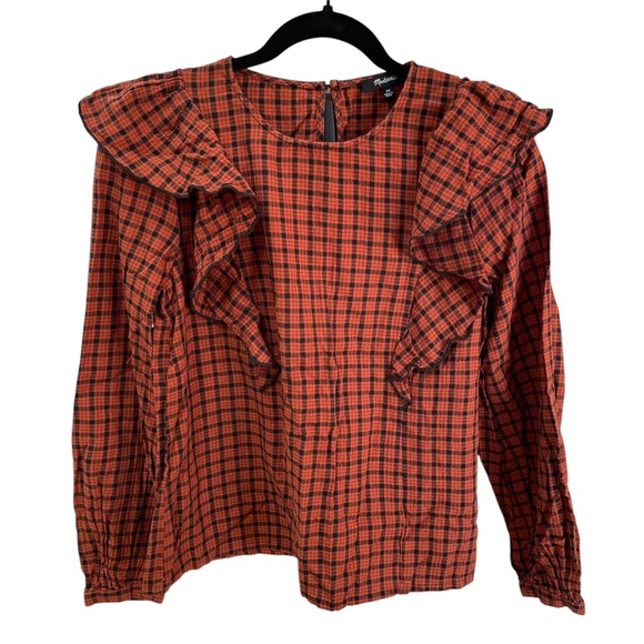 MADEWELL Ruffle Front Top Plaid Warren Check Faded Rust Orange XS - Picture 2 of 6